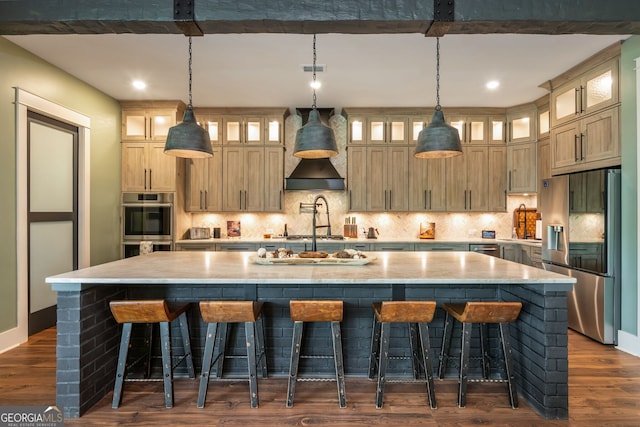 209 Voyles Way, Dawsonville, GA 30534 - kitchen with stainless steel appliances, a large island with sink, a sink, premium range hood, and dark wood finished floors