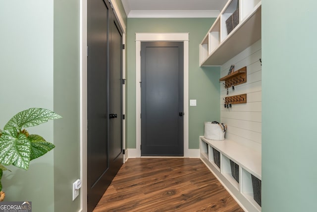 209 Voyles Way, Dawsonville, GA 30534 - mudroom with dark wood-style flooring and ornamental molding
