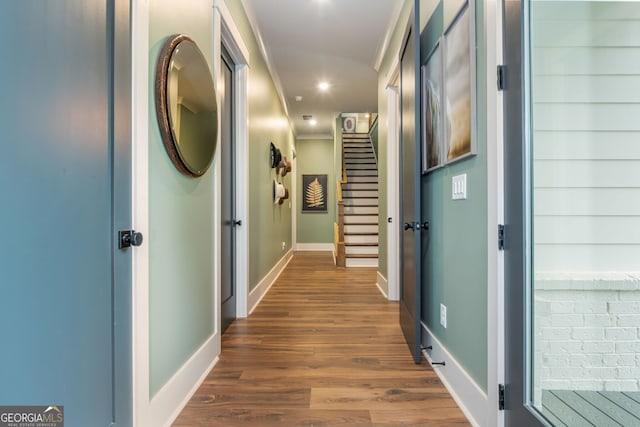 209 Voyles Way, Dawsonville, GA 30534 - hallway featuring stairway, dark wood-style floors, crown molding, baseboards, and recessed lighting
