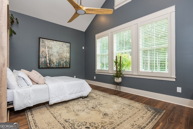209 Voyles Way, Dawsonville, GA 30534 - bedroom featuring vaulted ceiling, dark wood finished floors, baseboards, and a ceiling fan