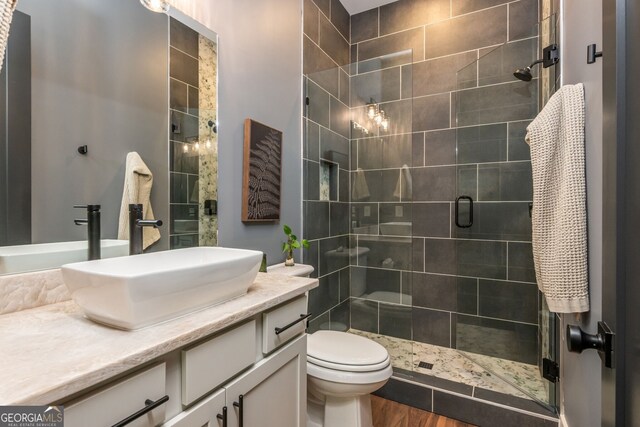 209 Voyles Way, Dawsonville, GA 30534 - bathroom featuring vanity, a shower stall, toilet, and wood finished floors