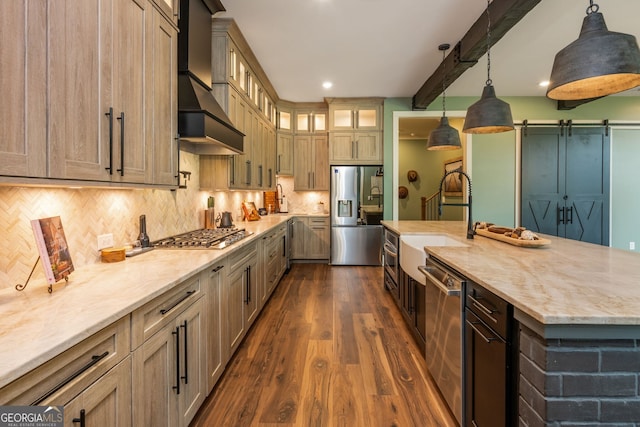 209 Voyles Way, Dawsonville, GA 30534 - kitchen featuring stainless steel appliances, wall chimney exhaust hood, dark wood finished floors, light stone countertops, and tasteful backsplash