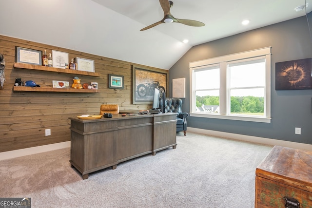 209 Voyles Way, Dawsonville, GA 30534 - office area with light colored carpet, vaulted ceiling, ceiling fan, wooden walls, and baseboards