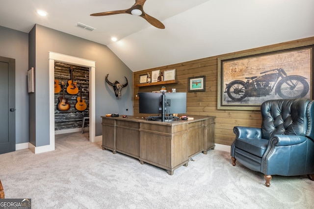 209 Voyles Way, Dawsonville, GA 30534 - office area featuring light colored carpet, vaulted ceiling, ceiling fan, wood walls, and baseboards