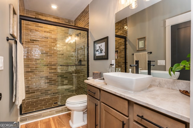 209 Voyles Way, Dawsonville, GA 30534 - full bath featuring vanity, a shower stall, toilet, and wood finished floors