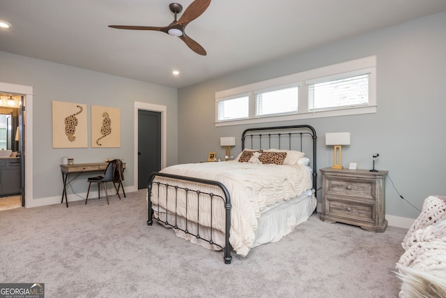 209 Voyles Way, Dawsonville, GA 30534 - carpeted bedroom featuring baseboards, recessed lighting, a ceiling fan, and connected bathroom