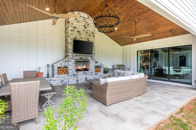 209 Voyles Way, Dawsonville, GA 30534 - view of patio / terrace featuring ceiling fan, an outdoor living space with a fireplace, area for grilling, and outdoor dining area