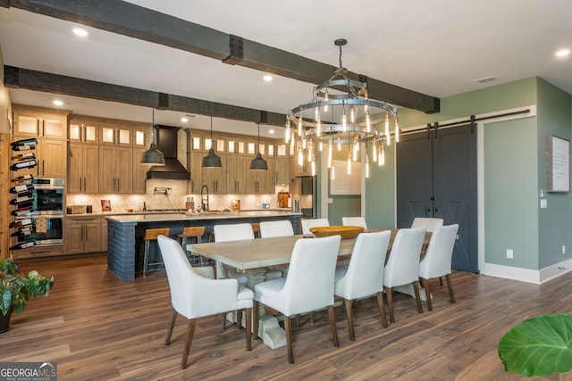 209 Voyles Way, Dawsonville, GA 30534 - dining space with a barn door, dark wood-type flooring, beamed ceiling, a chandelier, and baseboards