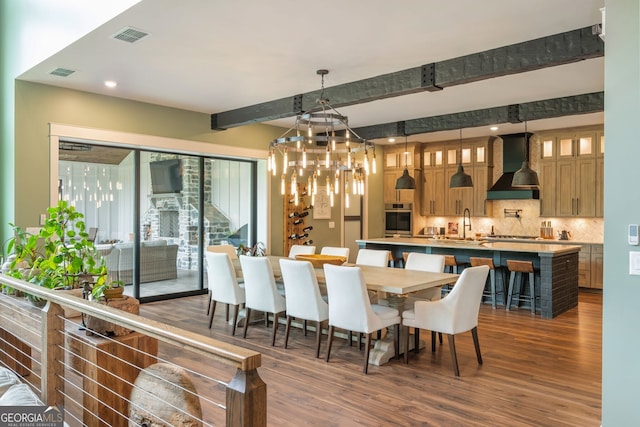 209 Voyles Way, Dawsonville, GA 30534 - dining room featuring a chandelier, dark wood-style floors, beamed ceiling, and recessed lighting
