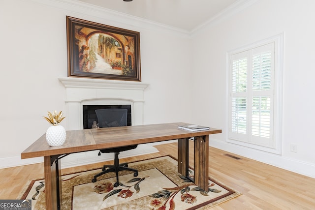 720 Latrobe Way, Macon, GA 31220 - office area with ornamental molding, wood finished floors, baseboards, and a fireplace