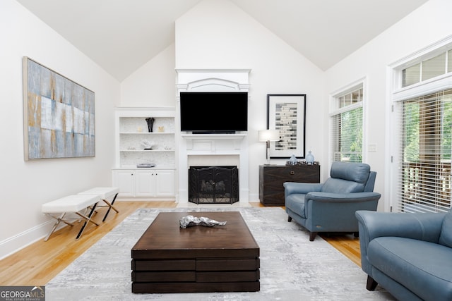 720 Latrobe Way, Macon, GA 31220 - living room with a fireplace with flush hearth, high vaulted ceiling, light wood-type flooring, and baseboards