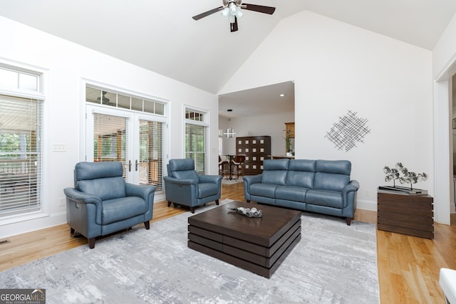 720 Latrobe Way, Macon, GA 31220 - living room featuring high vaulted ceiling, ceiling fan, wood finished floors, and healthy amount of natural light