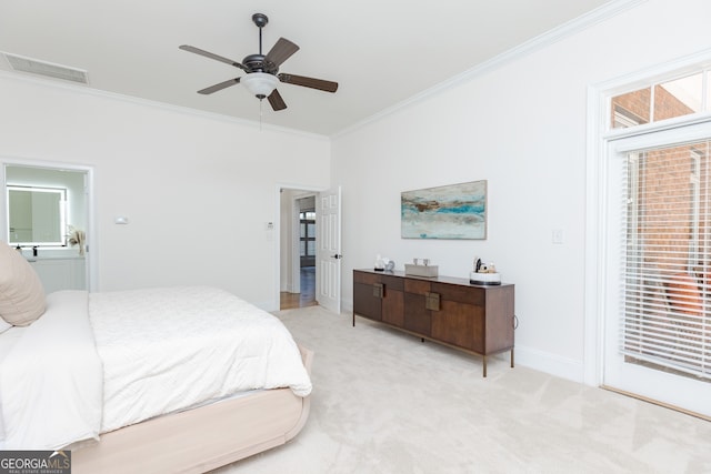720 Latrobe Way, Macon, GA 31220 - bedroom with light colored carpet, crown molding, baseboards, access to exterior, and a ceiling fan