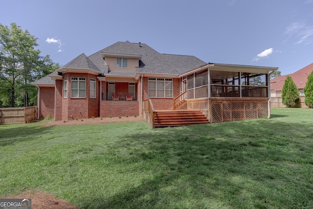 720 Latrobe Way, Macon, GA 31220 - rear view of house with a sunroom, brick siding, roof with shingles, and stairway