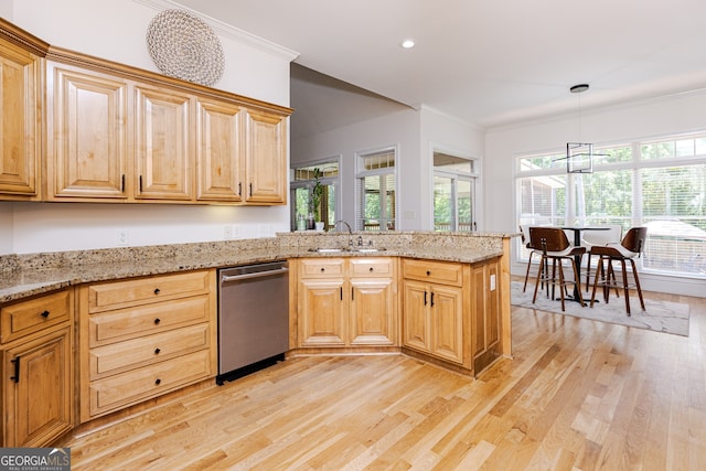 720 Latrobe Way, Macon, GA 31220 - kitchen with stainless steel dishwasher, light wood-type flooring, ornamental molding, a peninsula, and light stone counters