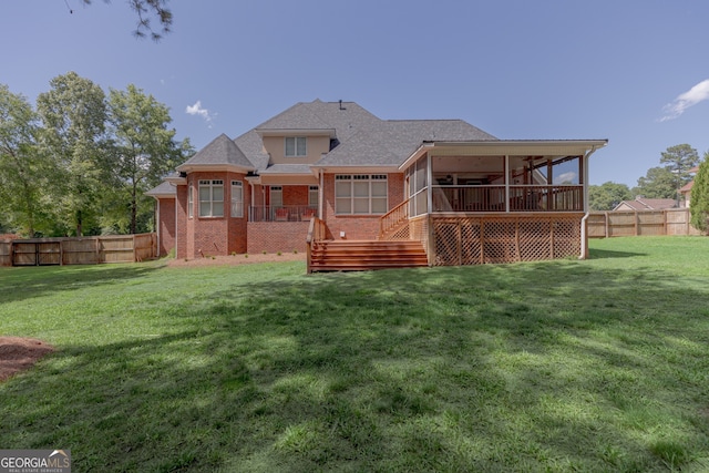 720 Latrobe Way, Macon, GA 31220 - rear view of property with a sunroom, brick siding, a shingled roof, a ceiling fan, and stairway