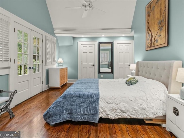 2054 Palifox Dr NE, Atlanta, GA 30307 - bedroom featuring french doors, wood finished floors, high vaulted ceiling, ceiling fan, and recessed lighting