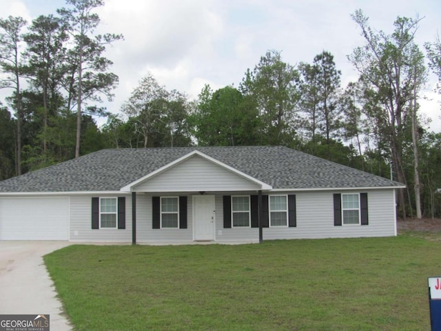 115 Red Hawk Ct, Waynesville, GA 31566 - ranch-style house with concrete driveway, a garage, a front lawn, a porch, and roof with shingles