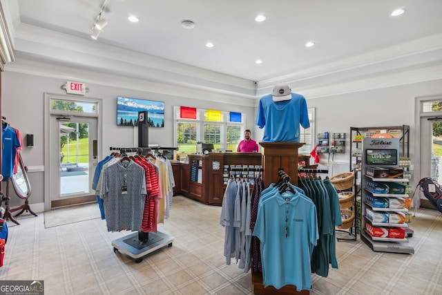 4063 Links Blvd, Jefferson, GA 30549 - miscellaneous room with healthy amount of natural light, ornamental molding, light carpet, a tray ceiling, and track lighting