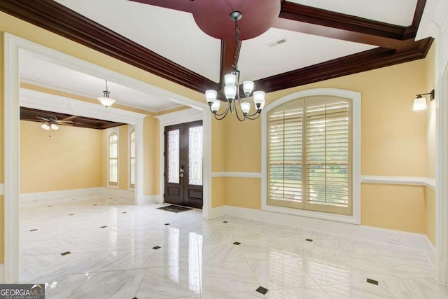 332 Warwick Pl, Mcdonough, GA 30253 - entrance foyer with french doors, crown molding, a chandelier, marble tiled flooring, and baseboards