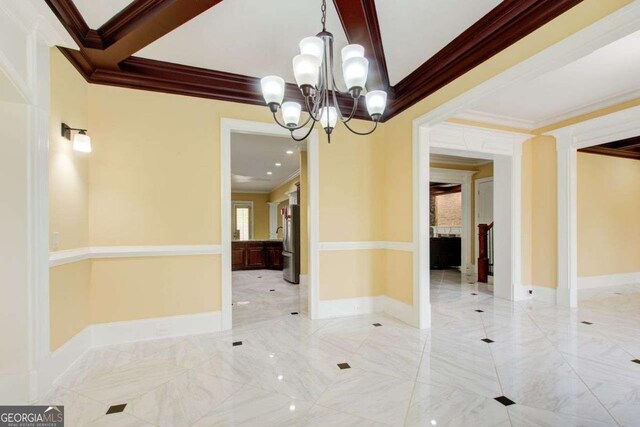 332 Warwick Pl, Mcdonough, GA 30253 - empty room with ornamental molding, a chandelier, marble tiled floors, baseboards, and beam ceiling
