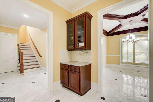 332 Warwick Pl, Mcdonough, GA 30253 - corridor with ornamental molding, a chandelier, stairway, baseboards, and light marble finish flooring
