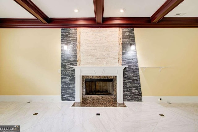 332 Warwick Pl, Mcdonough, GA 30253 - unfurnished living room with beam ceiling, ornamental molding, a high end fireplace, recessed lighting, and baseboards