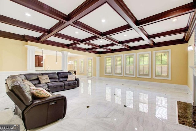332 Warwick Pl, Mcdonough, GA 30253 - living area with ornate columns, coffered ceiling, beamed ceiling, ornamental molding, and light marble finish floors
