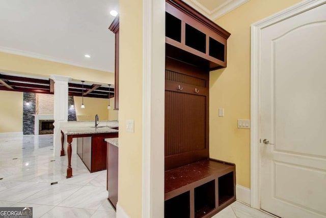 332 Warwick Pl, Mcdonough, GA 30253 - mudroom with a fireplace, ornamental molding, a sink, and recessed lighting