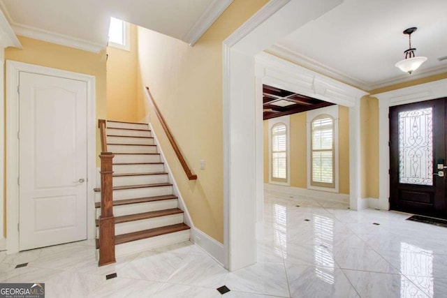 332 Warwick Pl, Mcdonough, GA 30253 - foyer featuring ornamental molding, light marble finish flooring, stairway, baseboards, and coffered ceiling
