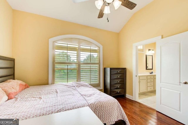 332 Warwick Pl, Mcdonough, GA 30253 - bedroom featuring lofted ceiling, wood finished floors, ensuite bathroom, and ceiling fan