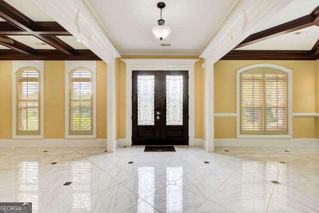 332 Warwick Pl, Mcdonough, GA 30253 - entryway featuring french doors, crown molding, beam ceiling, and baseboards
