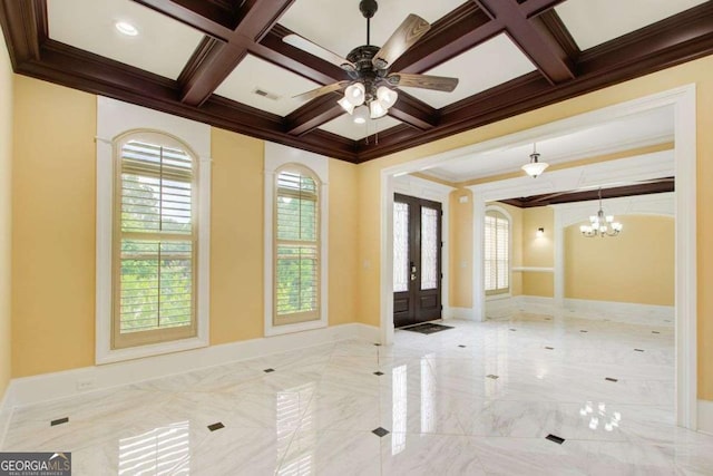 332 Warwick Pl, Mcdonough, GA 30253 - foyer entrance with ornamental molding, coffered ceiling, a chandelier, beamed ceiling, and french doors