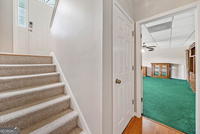 2623 Lone Oak Trl NW, Kennesaw, GA 30144 - stairs featuring ceiling fan, wood finished floors, and a drop ceiling