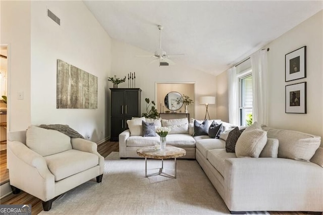171 N Trce, Alpharetta, GA 30009 - living room featuring ceiling fan, vaulted ceiling, and wood finished floors