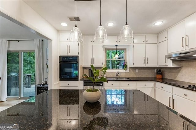 171 N Trce, Alpharetta, GA 30009 - kitchen with black appliances, under cabinet range hood, white cabinetry, a sink, and decorative backsplash