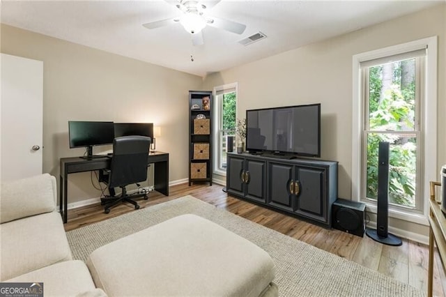 171 N Trce, Alpharetta, GA 30009 - living room featuring wood finished floors, ceiling fan, baseboards, and an office area