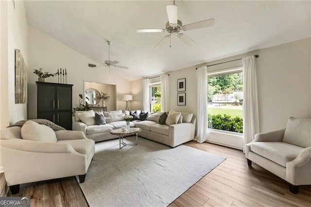 171 N Trce, Alpharetta, GA 30009 - living room featuring ceiling fan, wood finished floors, and vaulted ceiling