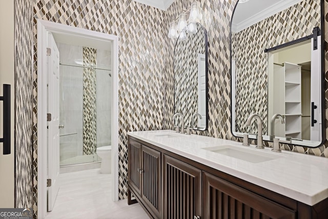 2499 Peachtree Rd Unit 506, Atlanta, GA 30305 - bathroom with ornamental molding, a stall shower, double vanity, and tile patterned flooring