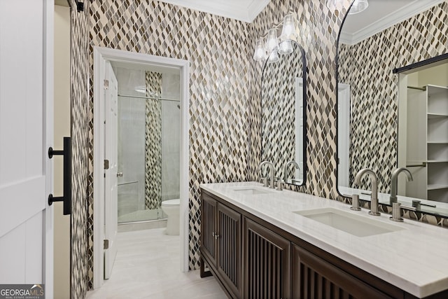 2499 Peachtree Rd Unit 506, Atlanta, GA 30305 - full bath with crown molding, a shower stall, double vanity, wallpapered walls, and tile patterned flooring