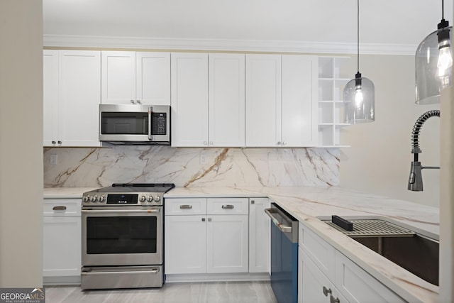 2499 Peachtree Rd Unit 506, Atlanta, GA 30305 - kitchen with appliances with stainless steel finishes, light stone countertops, tasteful backsplash, open shelves, and white cabinets