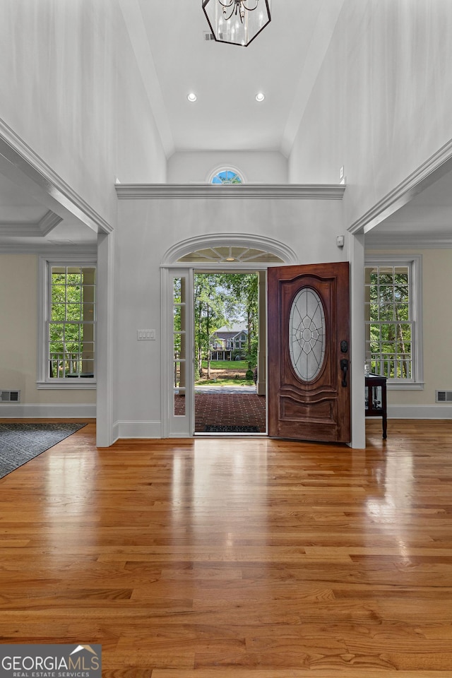 220 Broadmoor Dr, Fayetteville, GA 30215 - foyer featuring healthy amount of natural light, a chandelier, wood finished floors, baseboards, and a towering ceiling