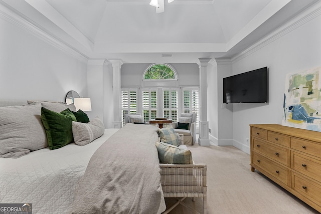 220 Broadmoor Dr, Fayetteville, GA 30215 - bedroom featuring decorative columns, a tray ceiling, and light colored carpet