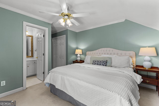 220 Broadmoor Dr, Fayetteville, GA 30215 - bedroom with light carpet, a closet, baseboards, ceiling fan, and ensuite bath