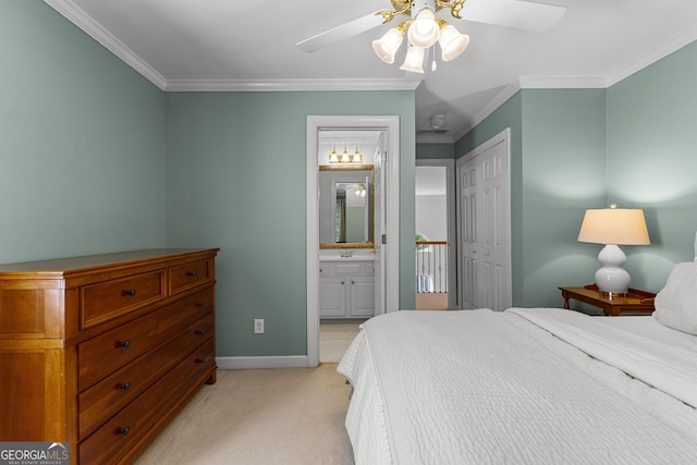 220 Broadmoor Dr, Fayetteville, GA 30215 - bedroom with light carpet, ornamental molding, baseboards, ensuite bath, and a closet