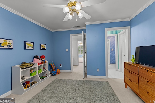 220 Broadmoor Dr, Fayetteville, GA 30215 - bedroom featuring ornamental molding, baseboards, light carpet, and ceiling fan