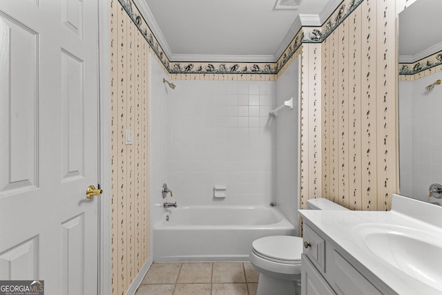 220 Broadmoor Dr, Fayetteville, GA 30215 - full bath featuring crown molding, shower / tub combination, vanity, toilet, and wallpapered walls