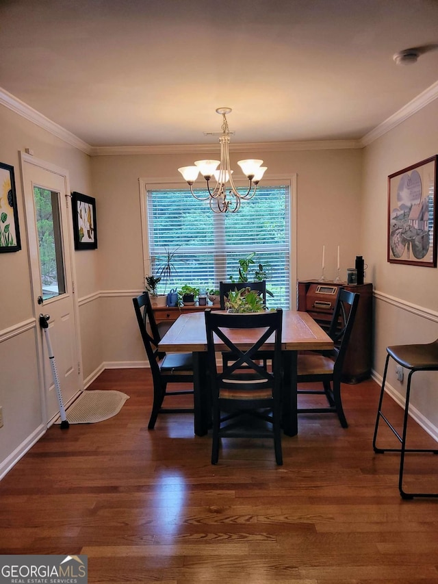 135 Pine Creek Way, Winterville, GA 30683 - dining area with a chandelier, dark wood-type flooring, crown molding, and baseboards