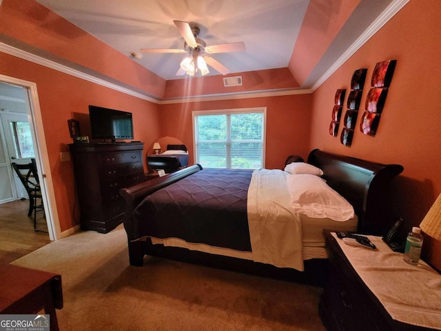 135 Pine Creek Way, Winterville, GA 30683 - carpeted bedroom featuring a tray ceiling, a ceiling fan, and ornamental molding