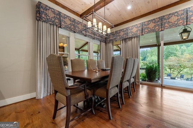 547 Toccoa River Ln, Mineral Bluff, GA 30559 - dining area featuring a chandelier, baseboards, wood finished floors, healthy amount of natural light, and wood ceiling with exposed beams